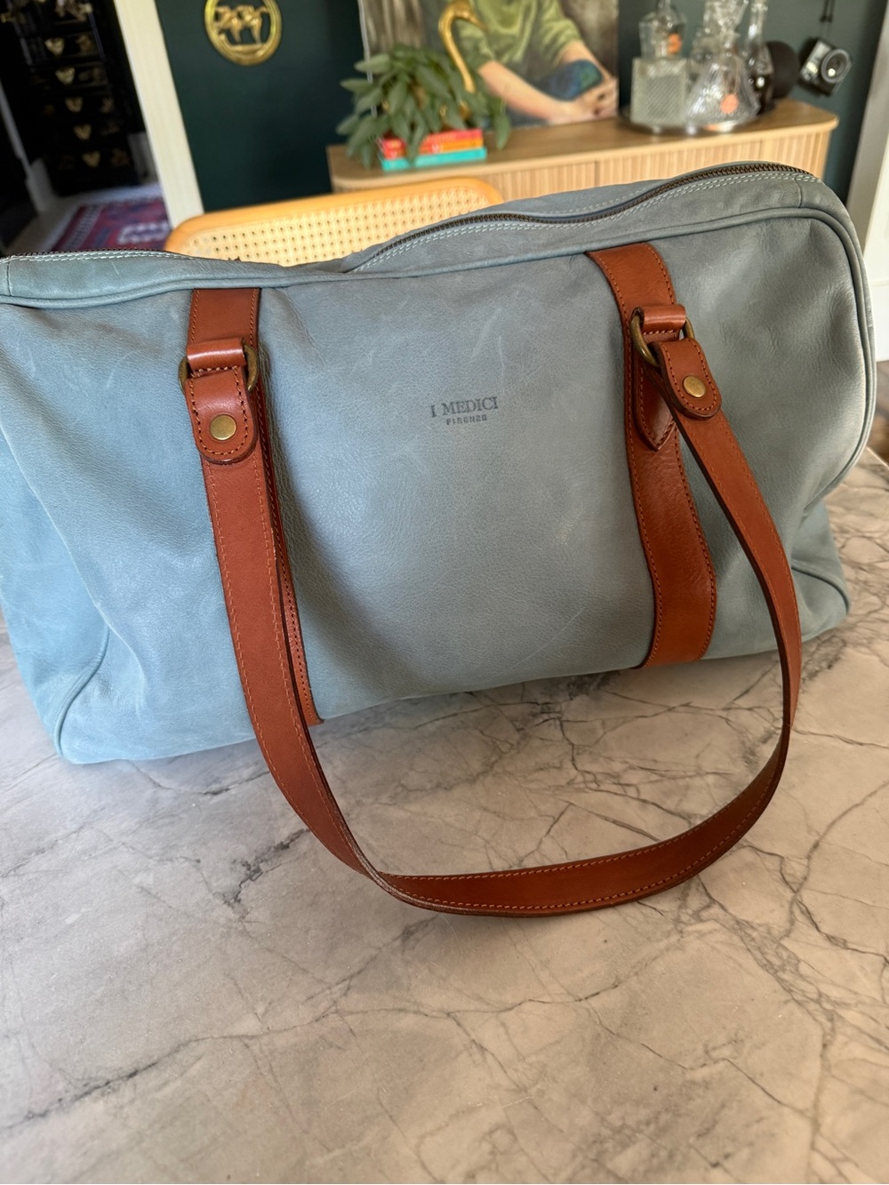 I Medici Firenze Italian Leather Weekender Powder Blue + Cognac from Florence